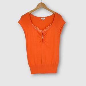 Y2k Cache Orange Lace Trim Zip Front Knit Short Sleeve Top Size Medium